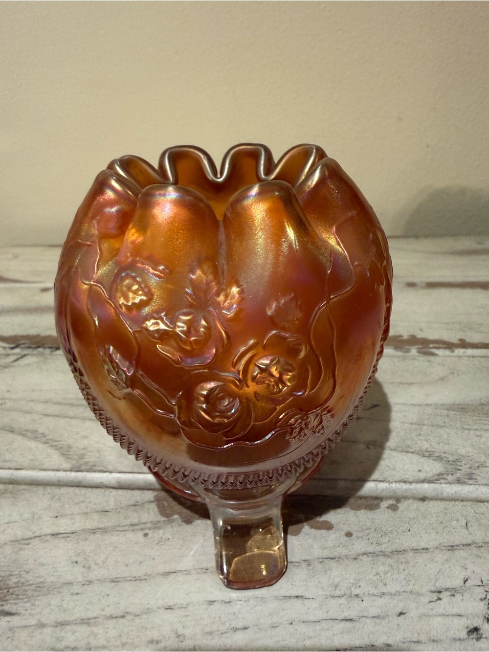 Vintage Imperial Glass Marigold Carnival Glass Lustre Rose 3-Footed Rose Bowl